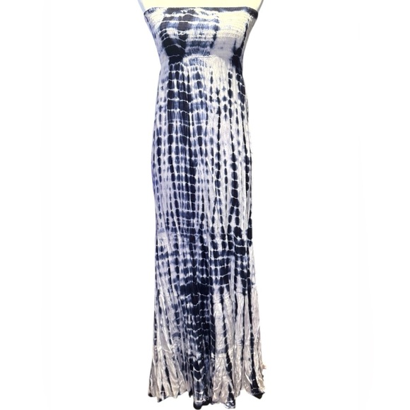 Womens Raviya Tie Dye Strapless Smocked Maxi Dress Cover up Medium White Blue - Picture 10 of 16